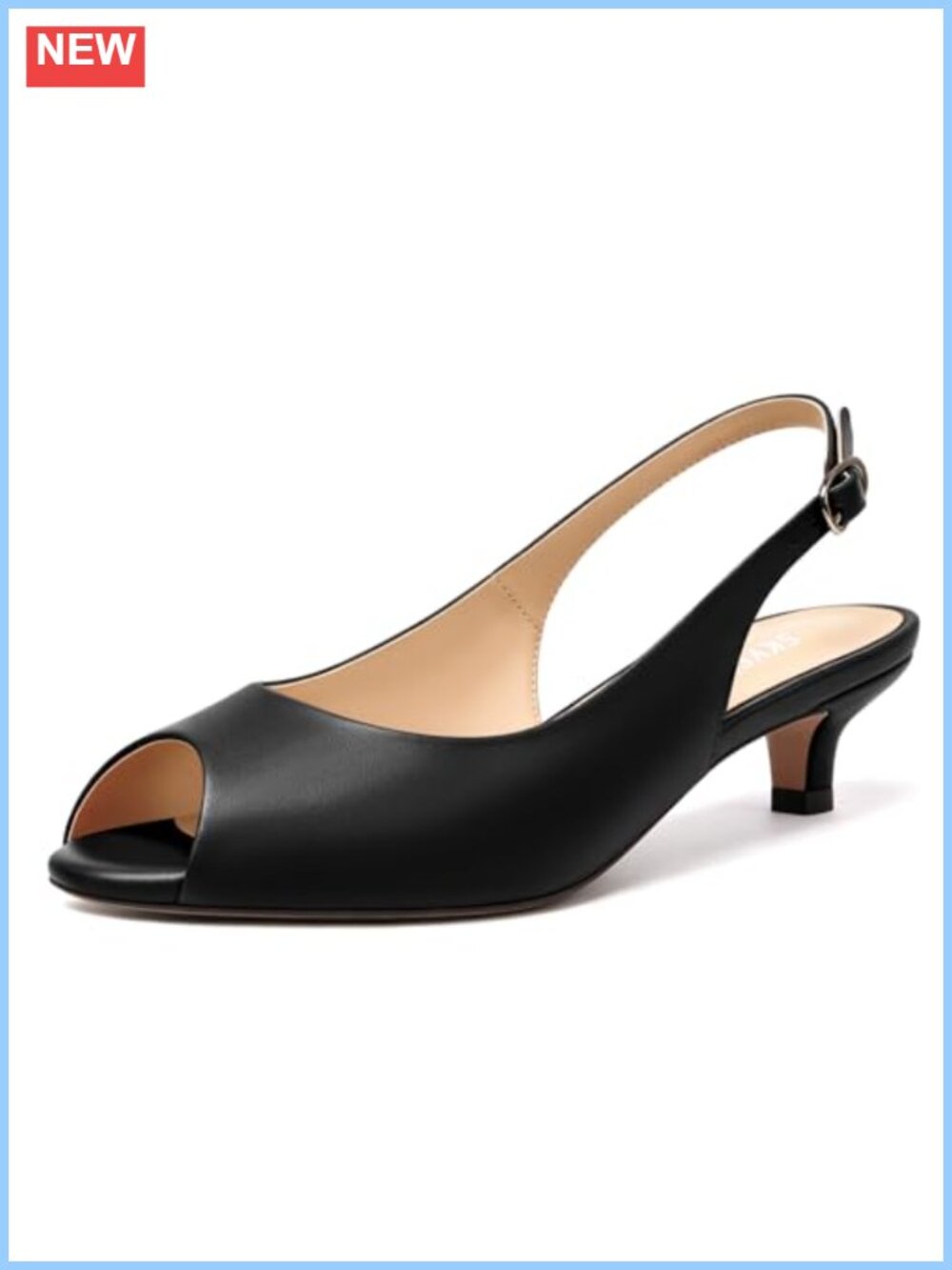 Women's Peep Toe Slingback Kitten Heels Faux Leather Adjustable Buckle